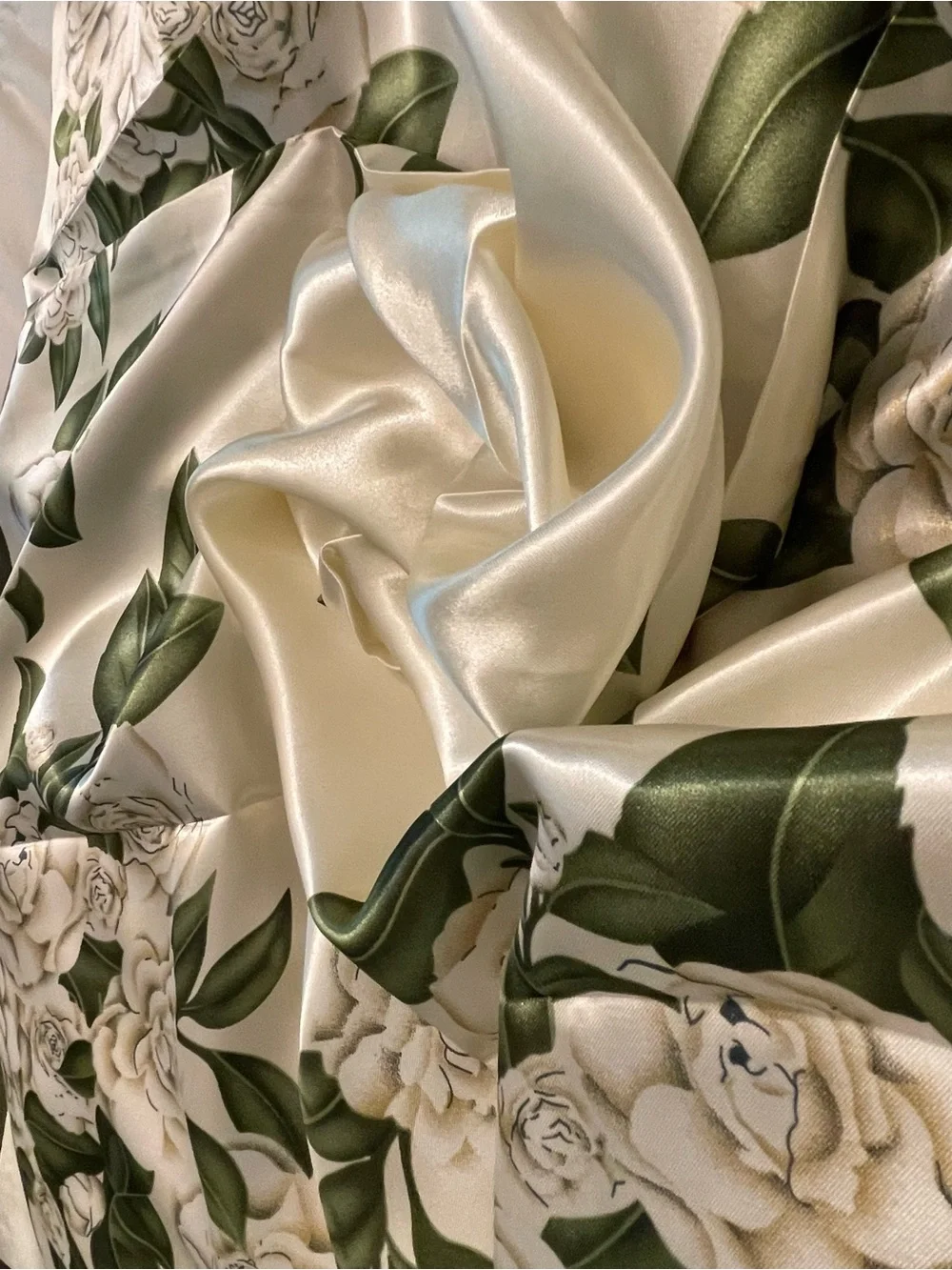 Silky Floral Square Scarf in Olive Green & Ivory